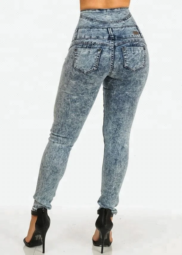 Royal wolf denim jeans manufacturer dark blue acid wash six button wide high waist butt lift skinny brazilian jeans