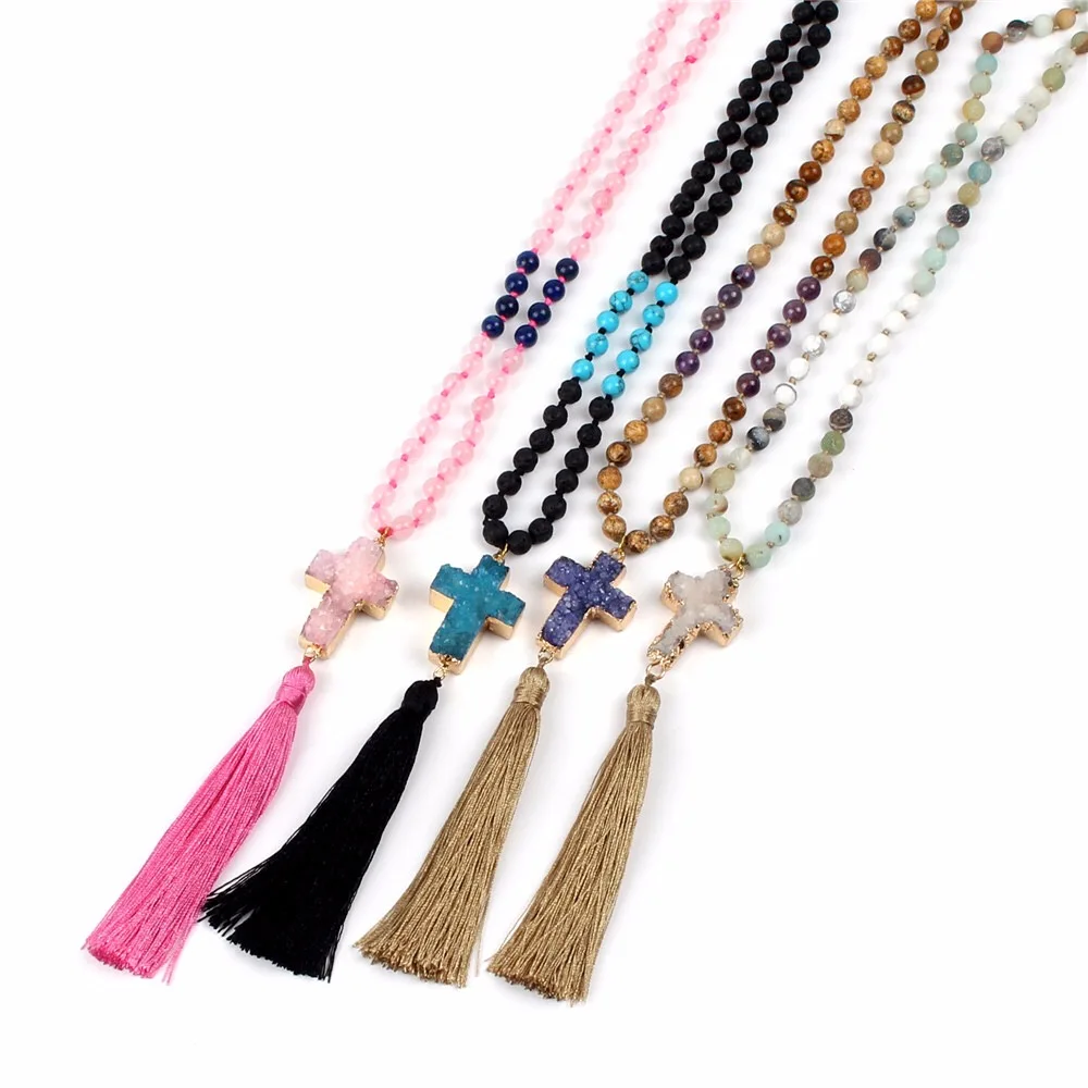 AFXSION Natural stone beads necklace, rock& powder crystal&black fused rock Beads Cross pendant tassel necklace