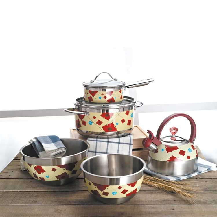
7Pcs Non Stick Kitchen Cookware Set With 4Pcs Cookware Set 2Pcs Salad Bowls 1pc 2.5L Kettle 