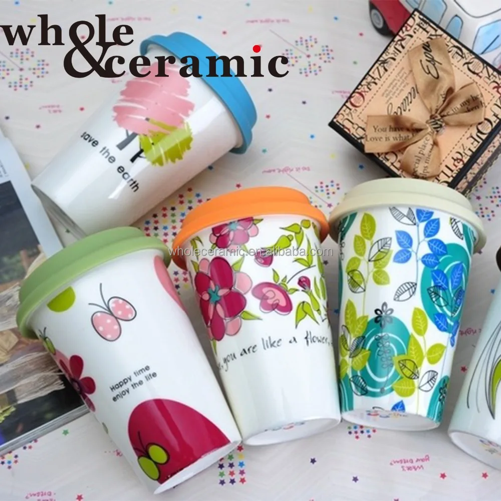 New Bone China Porcelain Takeaway Coffee Travel Mug,Coffe-To-Go-Mug Silicone Rubber Lid Cover