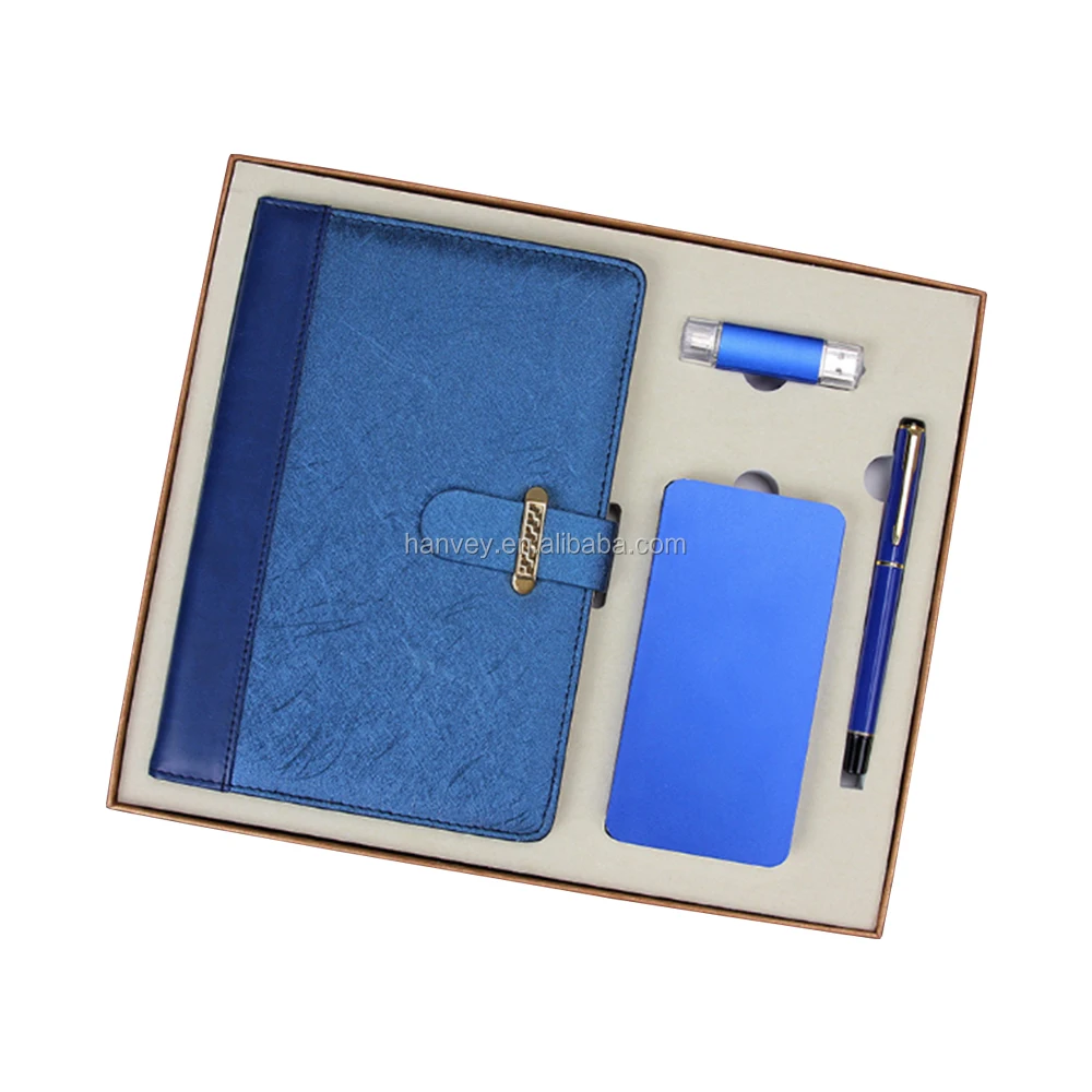 Factory price wholesale promotion luxury custom A5 notebook, pen, power bank and usb flash drive business corporate gift set