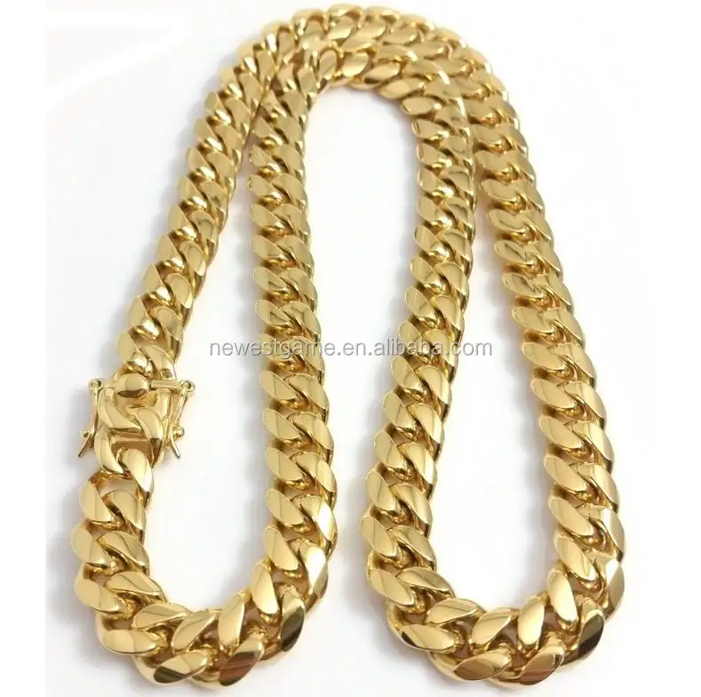 
12mm men Stainless Steel Jewelry 24K Gold Filled Plated High Polished Cuban Link Necklace For Men Punk Curb Chain Dragon-Beard 