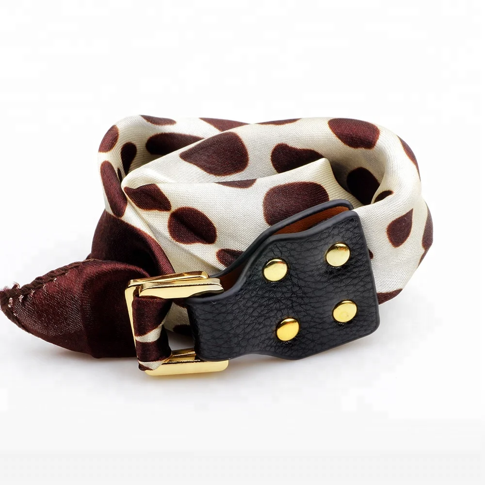 Womens fashon silk fabric scarf wrapped wristband leather buckled bracelet