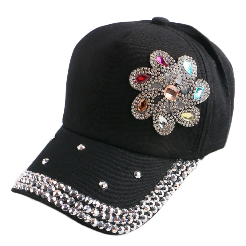 Wholesale high quality fashion colorful rhinestone womens 5 panel bling cotton baseball cap