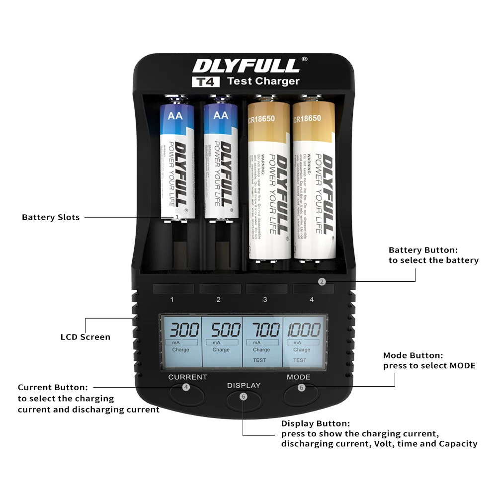 Dlyfull 4 slots Universal  lithium battery charger NiMH NiCd rechargeable battery charger with Capacity Test Function