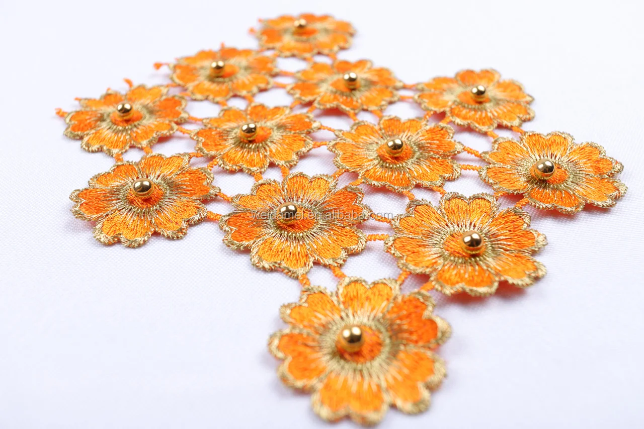 
African Lace Trim yellow 3d lace fabric with Beads and Stones for Wedding 