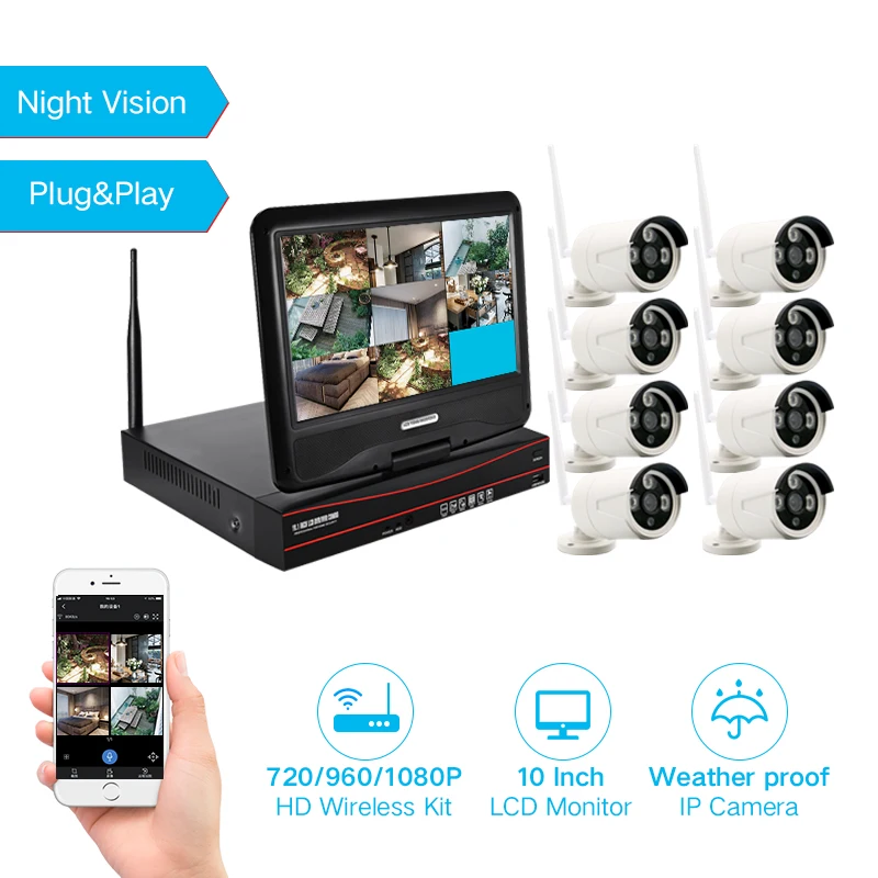 VESAFE 8CH 1080P CCTV 10 Inch LCD Wireless NVR Kit Waterproof IP Camera Security System