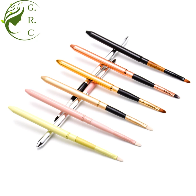 A New Retractable Lip Gloss Applicator Makeup Brush Private Label Eye Liner Cosmetic Brush Mini Travel Metal  Lip Brush With Cap