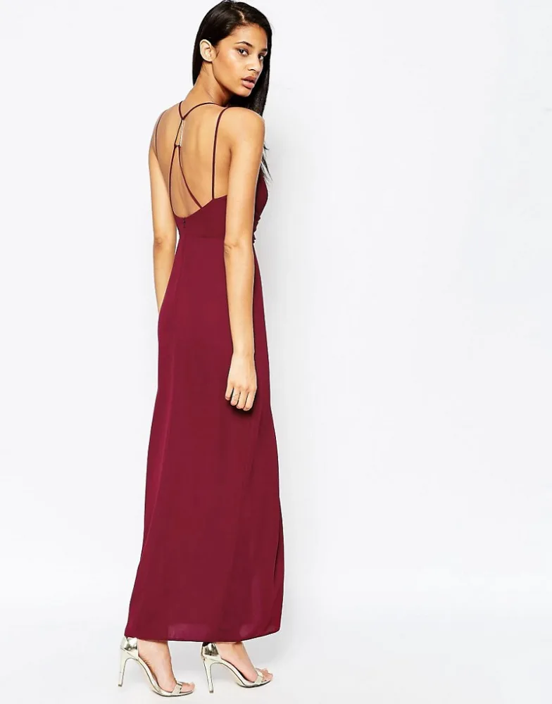 New Sexy Style Zip Back Deep V-neckline Spaghetti Strap Maxi Dress One Piece Dress