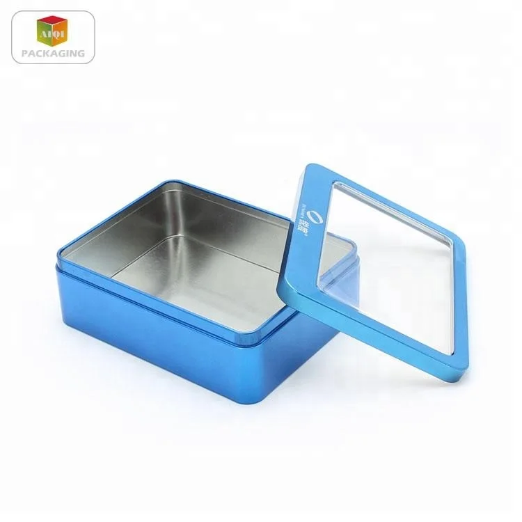 
rectangular biscuit gourmet tin packaging with clear window 