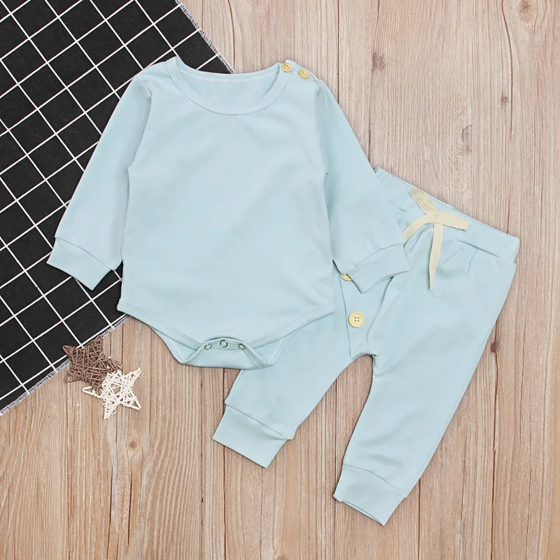 
2pcs plain color baby sets long sleeves bodysuits matching with pants 