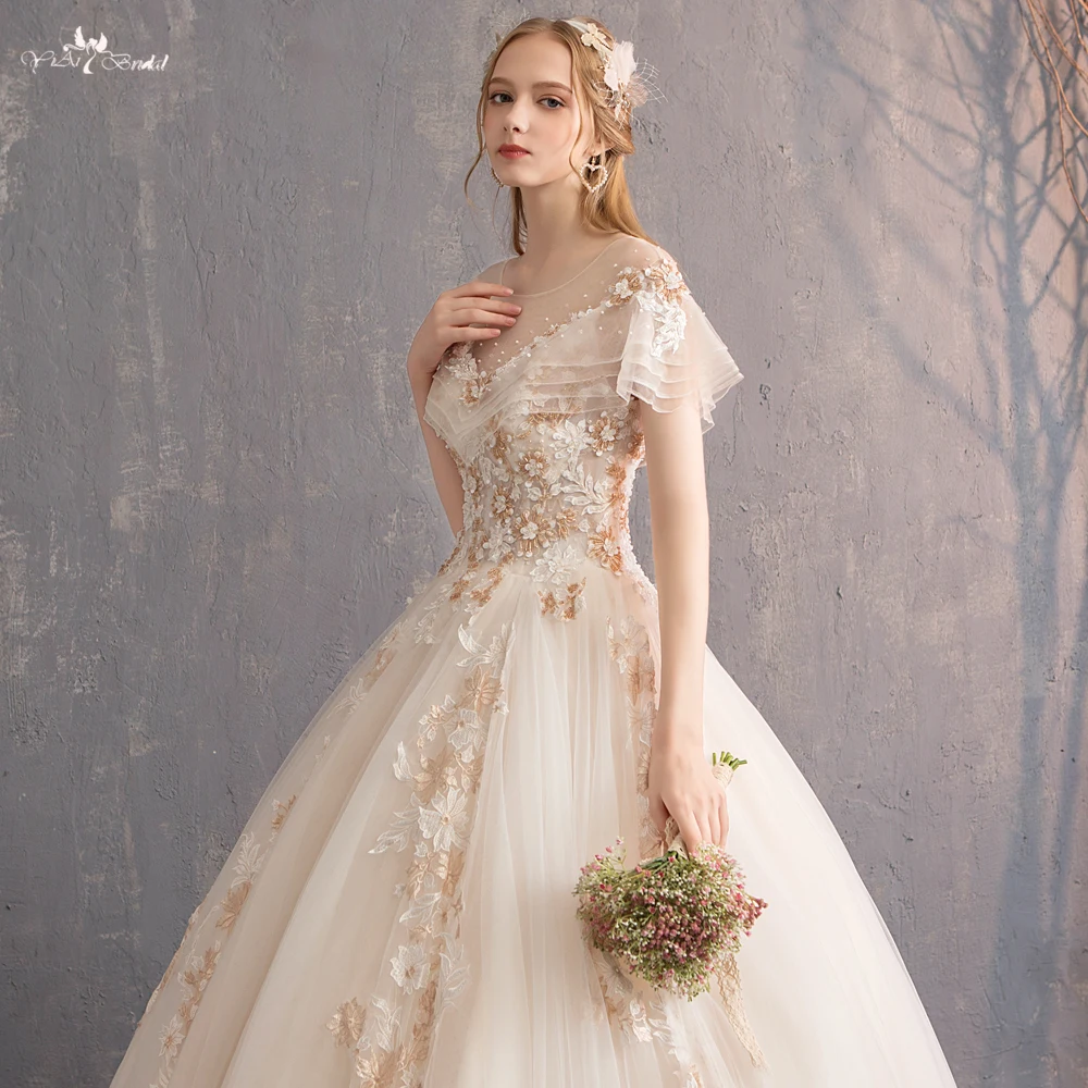 RSW547 Ruffle Ball Gown Wedding Dress Patterns Champagne Floor Length China Cheap Wedding Dresses