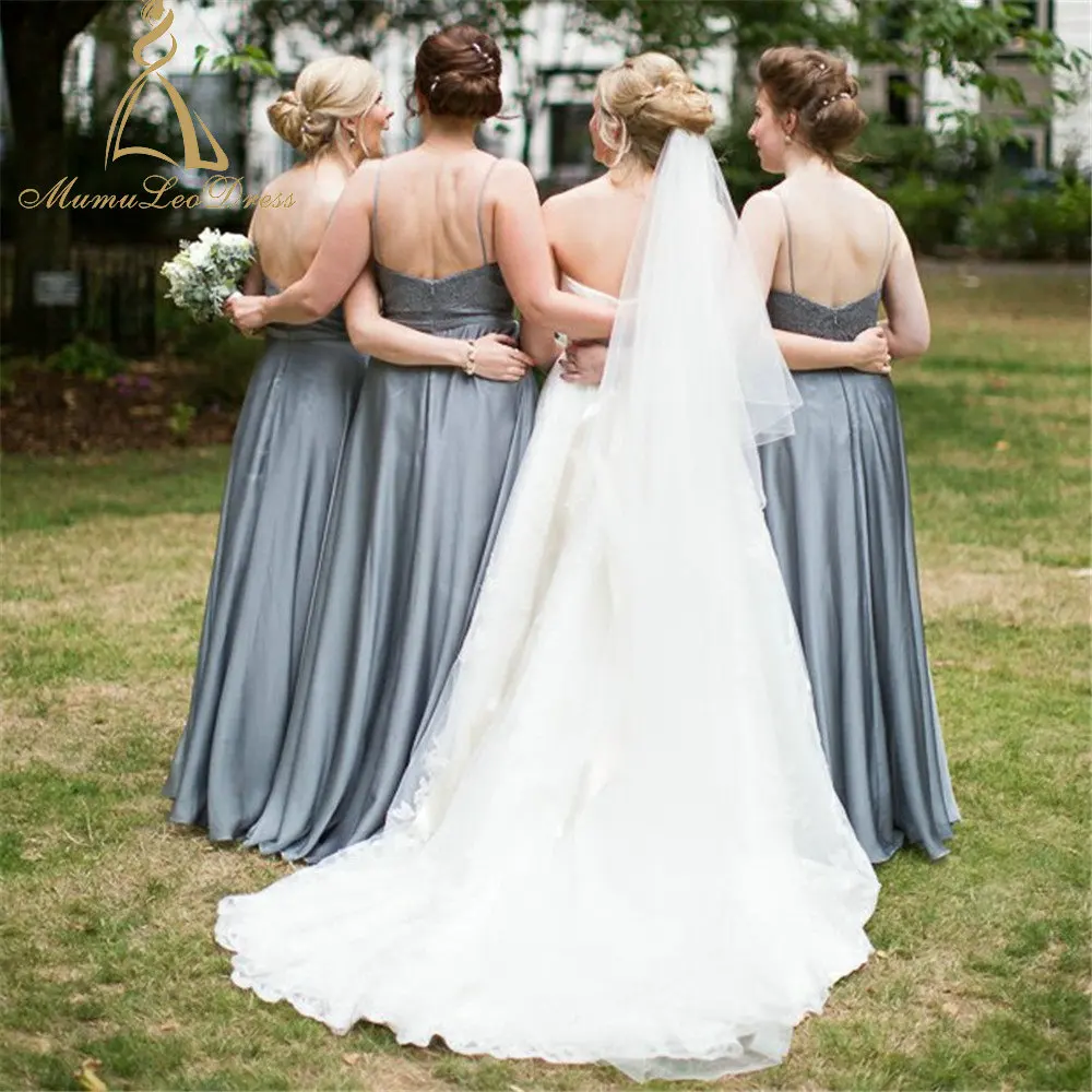 
Zipper Back Full Length Spaghetti Chiffon Grey Long Western Bridesmaid Dresses With Lace Top custom maid dress 