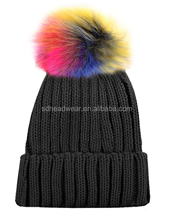 Womens chunky White Multi Cable Knit Beanie Hat with Brown Faux Fur Pompom