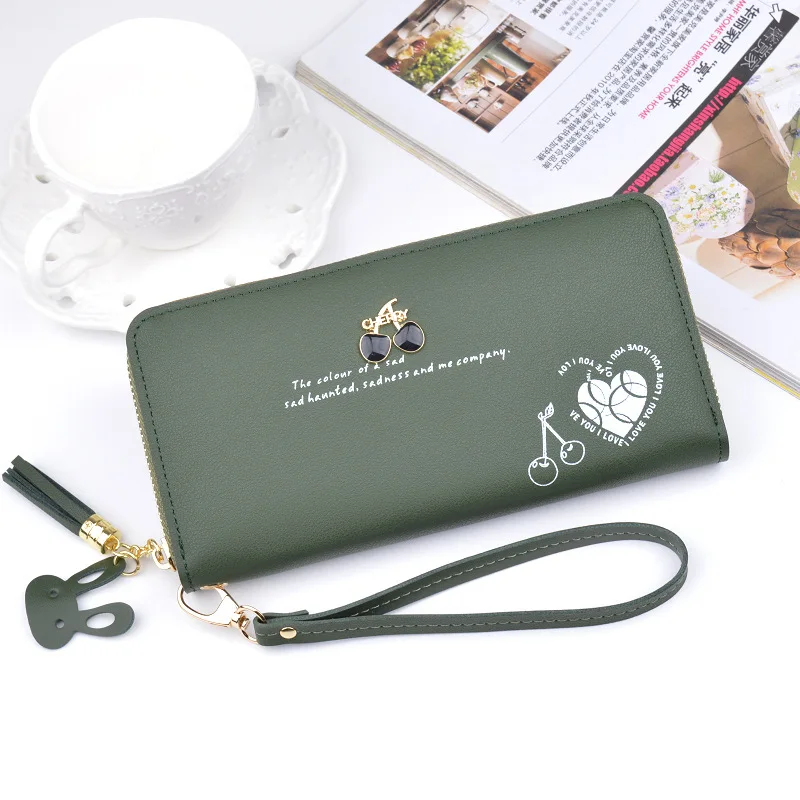 2019 New women cherry wallet large capacity zipper tassel wallet mobile phone bag
