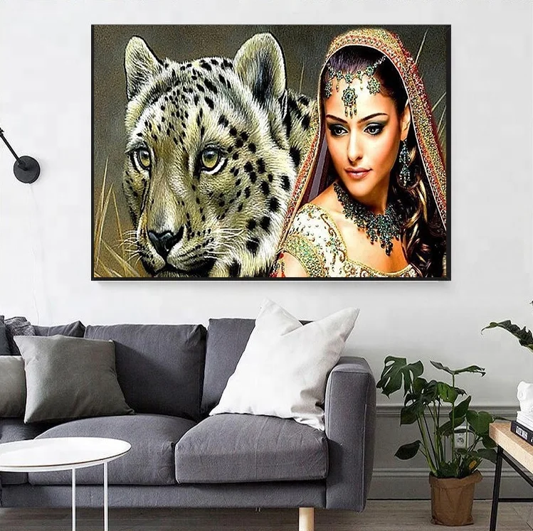 Full Drill Diamond Painting With Frame Woman Tiger Crystal Embroidery Rhinestone Pictures for Home Wall Decor Mosaic