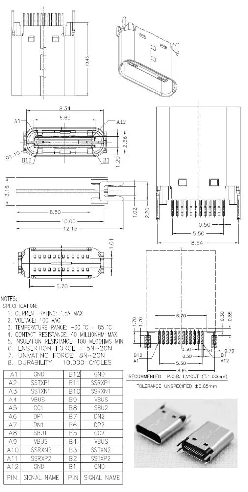 Universal Board Edge PCB Plywood Straddle Mount 1.0mm 24Pin USB Type-C female socket connector vertical