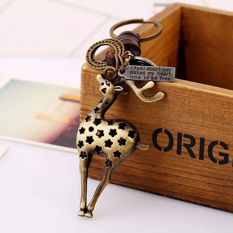 YK Latest Gift 2019 New Product Promotional Item Genuine Leather Vintage Alloy Sika Deer Keychain