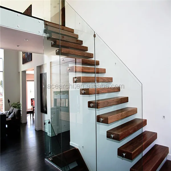 Indoor Solid Wood Floating Staircase Handle with Glass Railing