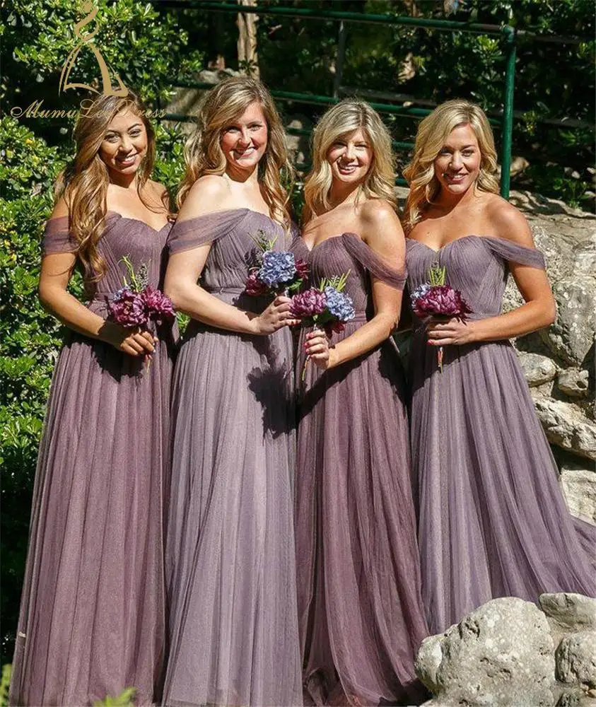 
Floor Length A Line Plated Tulle Grey Off The Shoulder Tulle Bridesmaid Dresses Long 