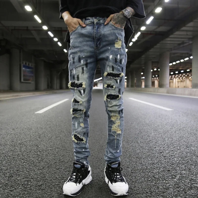 OEM fog straight skinny feet knee hole ripped patchwork jeans men stretch slim fit pockets street pants stock dropshipping