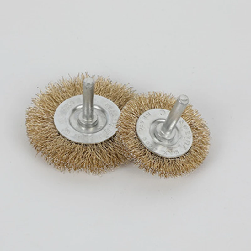 Shanghai Wholesale Flat Copper Coated Round Crimped Steel Wire Brush Wheel with 6mm Shaft for