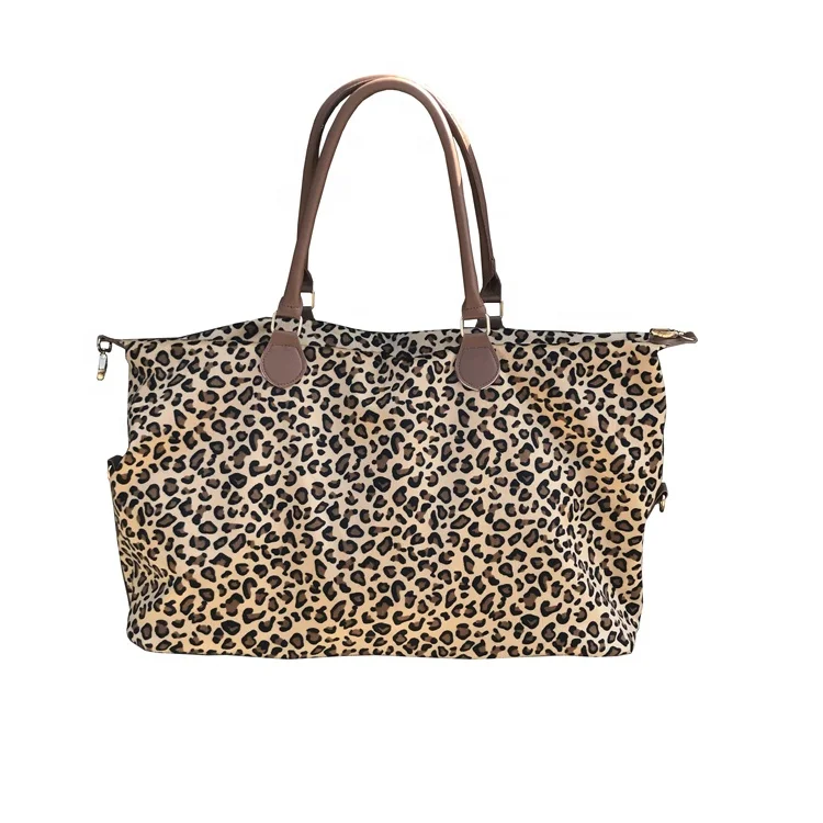 Personalized Leopard Tote Monogrammed Leather Handle Large Weekender Bag