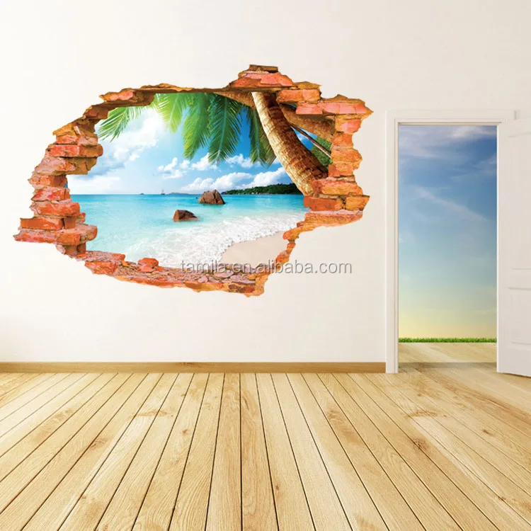 Window 3D Beach View Flowers Sea Wall Stickers art Mural Decal Wallpaper