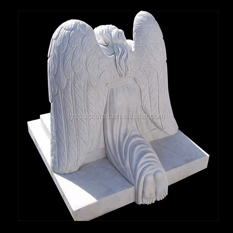 Western famous white marble life size weeping angel stone statue on cemetery