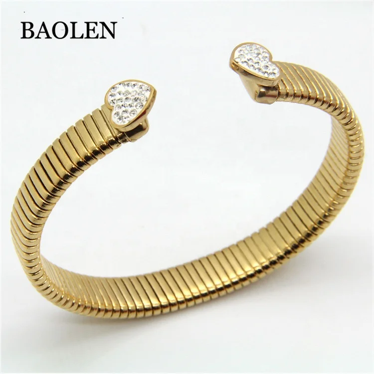 Latest Designed Gold Plated  Heart shape  with Diamond CZ Crystal Stainless Steel Cuff Bangle Bracelet for party jewelry