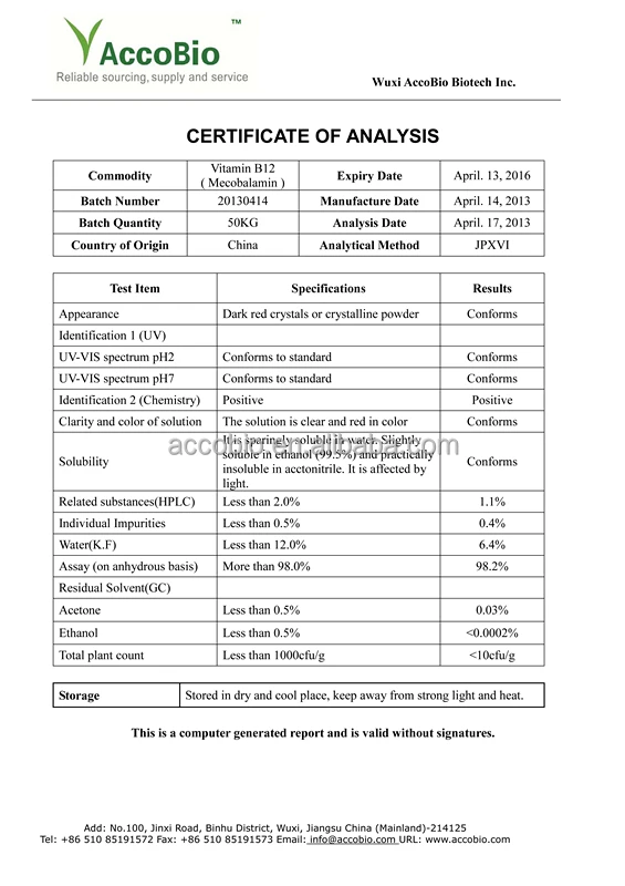 
High quality Methylcobalamin & Cyanocobalamin Vitamin b12 with low price 