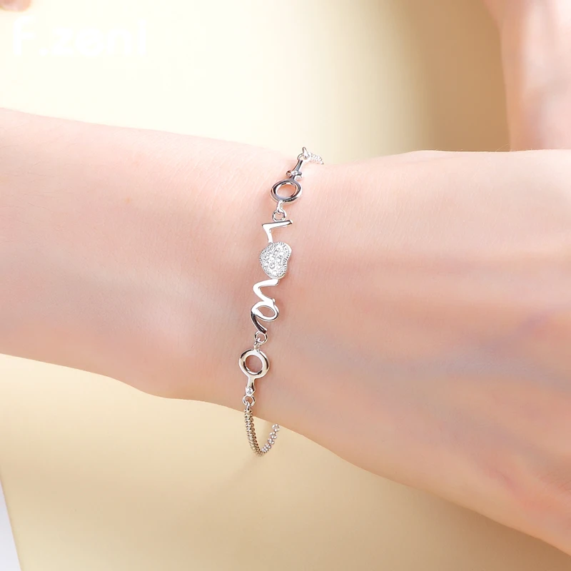 New Silver Chain Bracelet Love Heart Clear Crystal Bracelets For Women Valentines Day Gift Jewelry