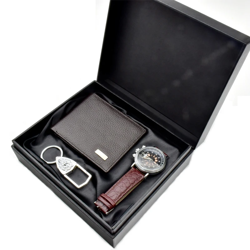 High quality wholesale promotion gift luxury custom PU leather wallet and keychain classical business man gift set