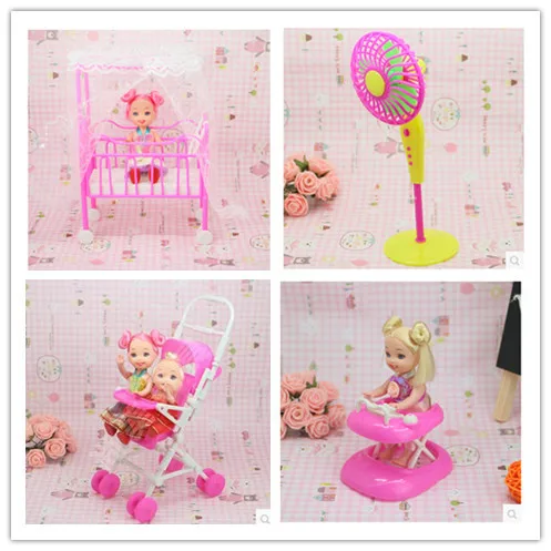 Free Shipping doll furniture Baby bed Trolley Walker fanner 4 set doll accessories for Barbie Doll