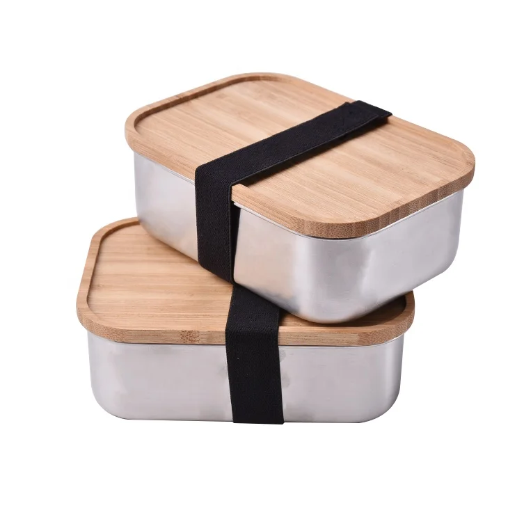 2021 800 1000 ml rectangle tableware air tight bamboo lid stainless steel lunchbox food container eco friendly with elastic belt