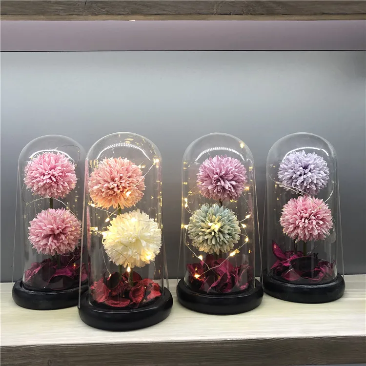 Wholesale preserved rose flowers artificial silk flower with LED light in glass dome perfect gift for festival