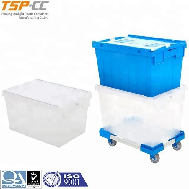 Heavy-duty blue lidded Plastic Container attached lid crate
