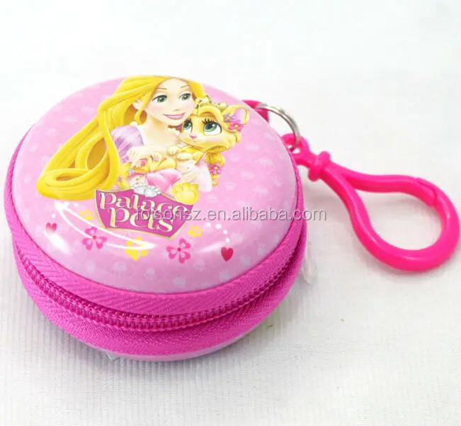 gorgeous round princess zipper coin metal tin wallet hanging tin purse