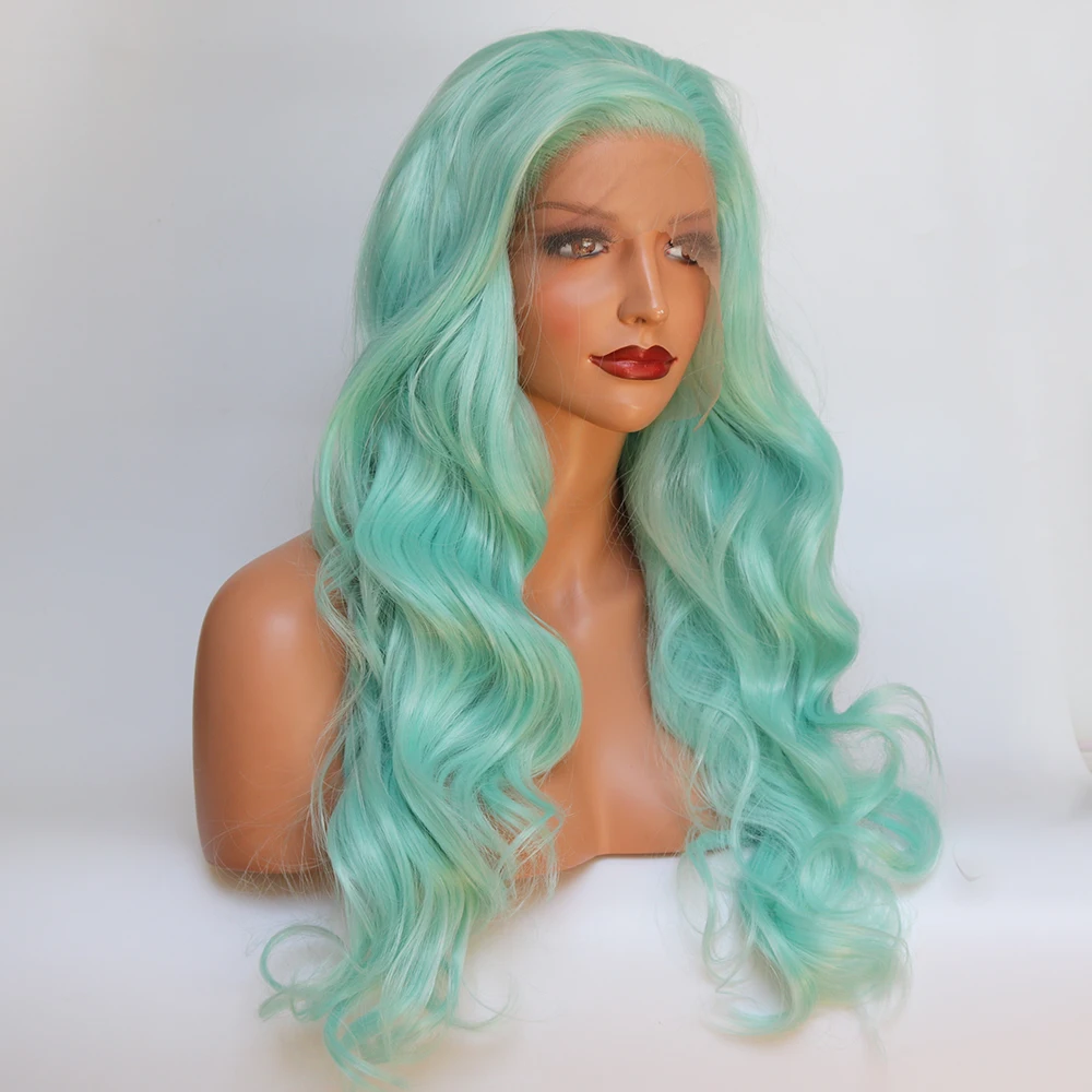 Fantasy Beauty Glueless High Temperature Heat Resistant Fiber Hair Long Wavy Mint Green Synthetic Lace Front Wig for Drag Queen