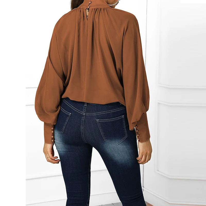 ladyHigh Neckline Lantern Sleeve Wide Cuff Ruched Blouse  back  buttonclosure long sleeve straight hem holiday evening