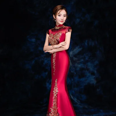 
Chinese Traditional Dress For Women High Neck Cap Sleeves Mermaid evening dress Elegant Embroidered cheongsam 
