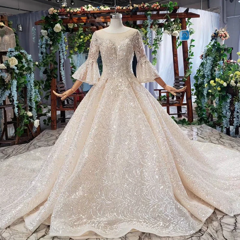 HTL610 Jancember o neck long puff sleeves heavy beaded applique long sequin wedding gown