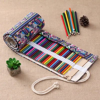 
Simple National style curtain roll pen bag 36/48/72/108 hole large capacity student canvas pencil case 