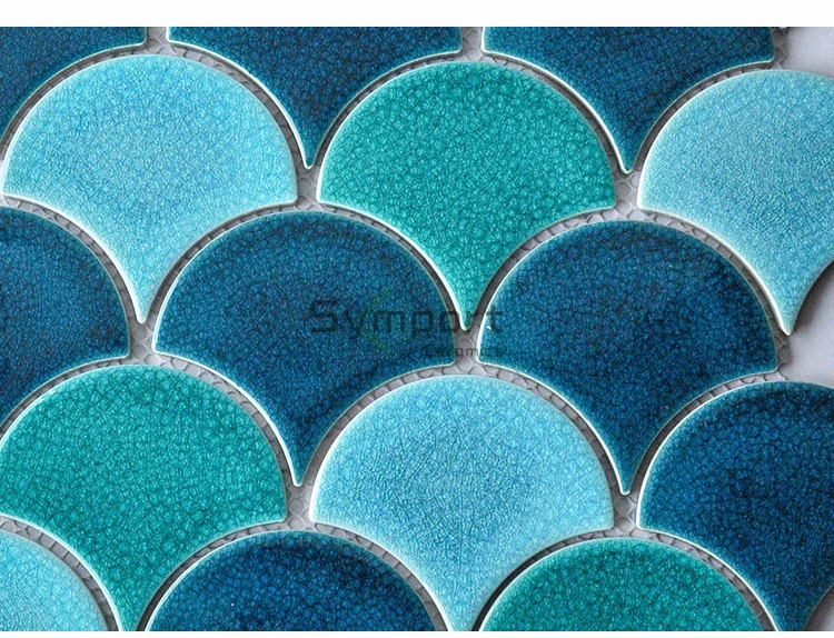 Blue Color Fish Scale Mosaic Ogee Drop Ceramic Fan Tile
