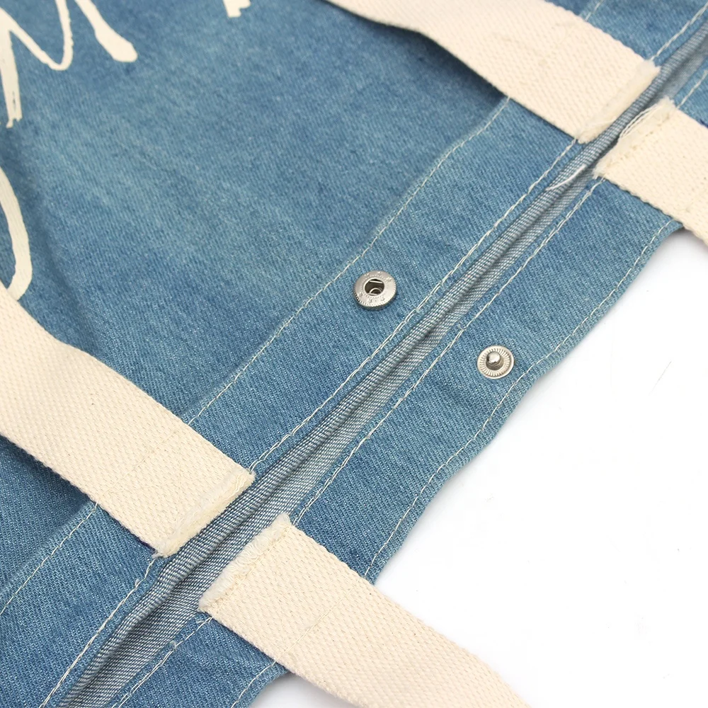 Cotton  Denim Fabric shopping tote bag with cotton handles and metal button