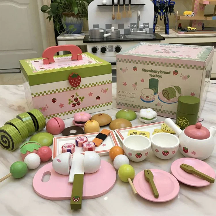 Portable Inside Montessori Materials Strawberry Donut Party Age3+ Girls Pretend Play House Wooden Dessert Cutting Kitchen Toys