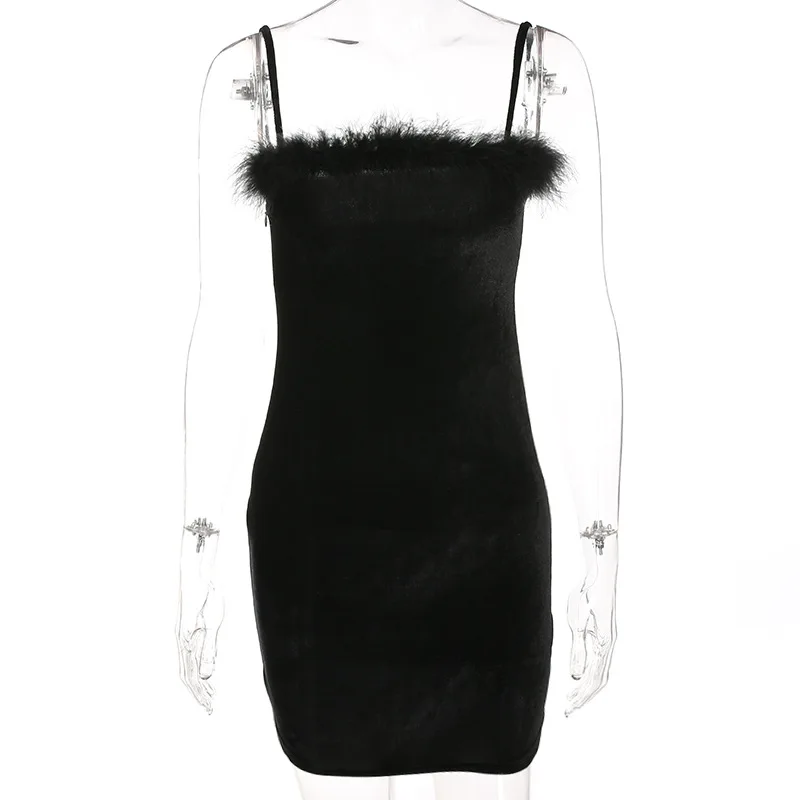 
ZH3358G Sexy Black Sheath Short Women Casual Dresses Spaghetti Straps Furs Backless Party Gowns For Girls Lady 