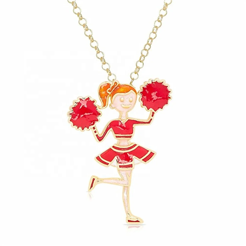 Metal Inlaid Cheerleader Pom Majorette Dance Pendant Necklace In Snake Chain For Cheering Girl Women Souvenir Gift Jewelry