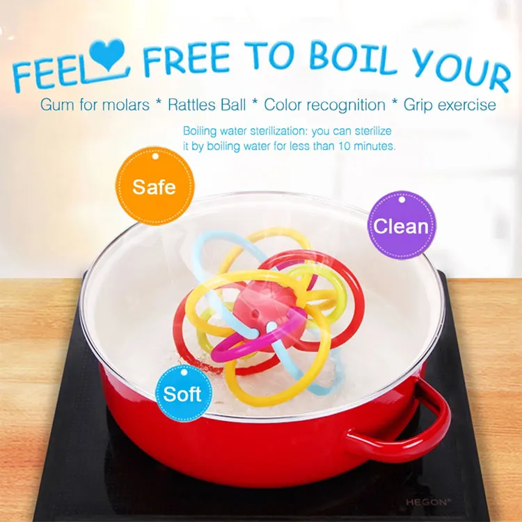 Non-toxic silicone rattle and sensory teether ball baby activity teething toy