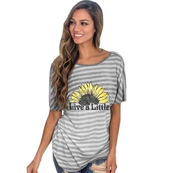 Women Apparel Sunflower Print T Shirts Cross Back Twist Knot Loose Open Back Blouses Tops